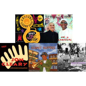 Essential Mardi Gras Collection includes Rebirth of New Orleans by Rebirth Brass Band, Vol. 5: Carnival by Los Hombres Calientes, Pin Your Spin by Jon Cleary, Putamayo Presents Kermit Ruffins, and Street Parade by Theresa Andersson