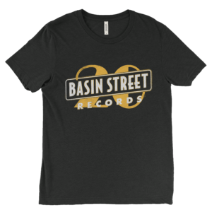 Basin Street Records 20th Anniversary T-Shirt in Charcoal Grey with aged 20th Anniversary Logo