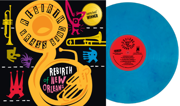Rebirth of New Orleans Album Cover with a Blue Vinyl Record sticking out the right side