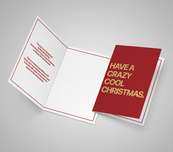 A mockup displaying what the inside and front of the Have A Crazy Cool Christmas greeting card looks like