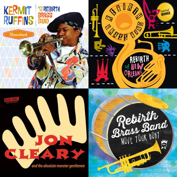 Mardi Gras Vinyl Package Image Covers - Throwback by Kermit Ruffins with Rebirth Brass Band, Rebirth of New Orleans by Rebirth Brass Band, Jon Cleary & The Absolute Monster Gentlemen by Jon Cleary & The Absolute Monster Gentlemen, and Move Your Body by Rebirth Brass Band