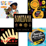 Five album covers depicted in a square: Kermit Ruffins with Rebirth Brass Band - Throwback, Rebirth Brass Band - Rebirth of New Orleans, Bonerama - Bonerama Plays Zeppelin, Jon Cleay & The Absolute Monster Gentlemen - Jon Cleary & The Absolute Monster Gentlemen, Rebirth Brass Band - Move Your Body